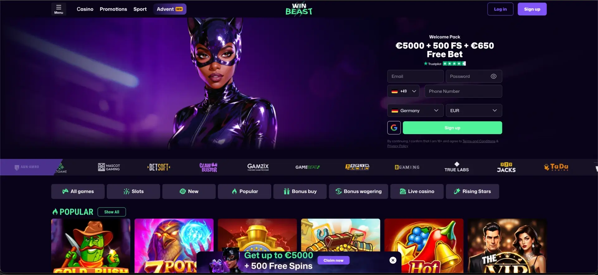WinBeast homepage, welcome offer and registration panel