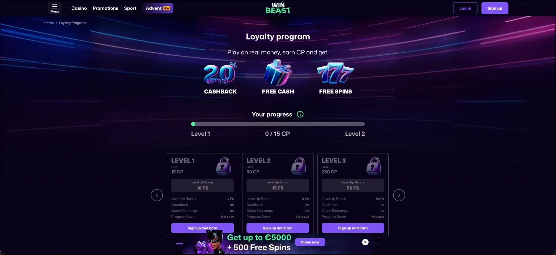 Early levels of the WinBeast loyalty programme